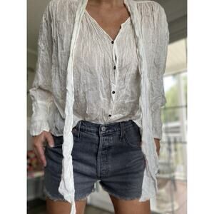 FREE PEOPLE Relaxed White Blouse Button Front Fastening Flared Long Sleeves S/P